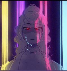 an anime character with red eyes standing in front of some neon colored lights and looking at the camera