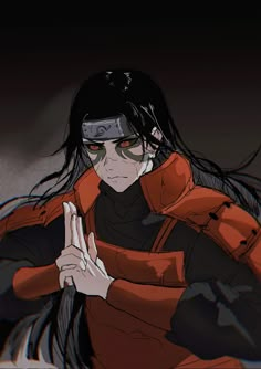 an anime character with long black hair and red jacket holding his hand up in the air