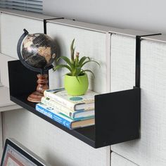 a black shelf with books and a plant on it