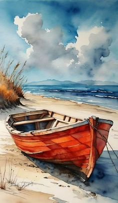 a painting of a red boat on the beach with sea oats in the background