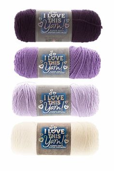 three skeins of yarn are shown in purple, white and beige colors with the words i love this yarn written on them