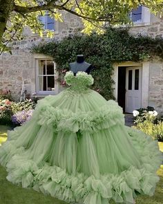 Sage Green Tulle Ball Gown Sage Green Ball Gown Dresses, Dress For 15th Birthday, Sage Green Dress Tulle, Sage Green Poofy Dress, Sage Green Fluffy Dresses, Green Ruffled Ball Gown, Aramex Delivery, Gown With Ruffles, Tulle Balls