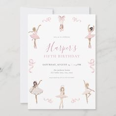 a pink and white birthday card with ballerinas