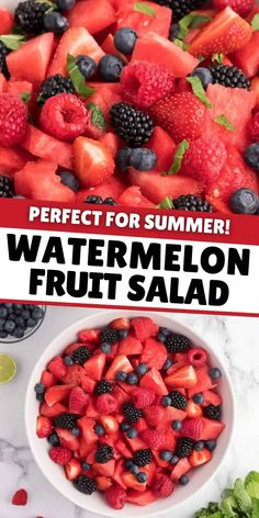 watermelon fruit salad in a bowl with the title perfect for summer