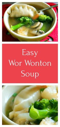 two different pictures of soup with broccoli and dumplings in it, one has wonton