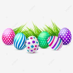 colorful easter eggs with polka dots and green grass on a white background, 3d, illustration png and psd