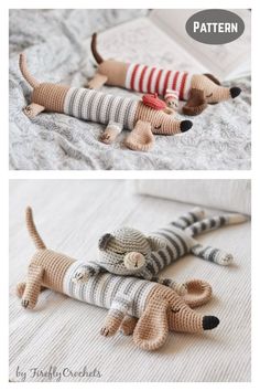 two pictures of stuffed animals laying on top of a bed with the same striped shirt