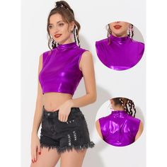 The shiny metallic crop top can be added to your top collection. Suitable for many occasions, such as parties, clubwear, holidays, and dance club raves. Pair with any tight trousers or short skirts for a chic and hot look. Made from shiny Metallic Fabric, this tank top will make you stand out in the crowd. Believe you will need a tank top like this to match your pants. Sleeveless Stretch Punk Crop Top, Stretch Cropped Tank Top For Club, Y2k Cropped Top For Club, Shiny Summer Club Tops, Sleeveless Disco Tops For Club, Disco Style Sleeveless Club Tops, Punk Style Tank Top For Parties, Punk Style Cropped Top For Night Out, Stretch Crop Top For Club