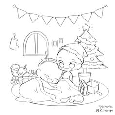 a drawing of a baby in front of a christmas tree