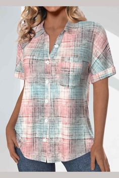 Product Details Function :Tummy Coverage Design Selling Point :Pocket,Button Package Contents :1 X Blouse Color :Light Pink, Grey Printing Design :Plaid, Print Placement Will Vary Clothing Length :Tunic Sleeve's Length :Short Sleeve Neckline :Shirt Collar Sleeve Style :Body Sleeve Style :Casual Occasion :Everyday Composition :97% Polyester 3% Spandex Washing Instructions :Hand Wash/Machine Wash Backyard Art, Pink Short Sleeve Shirt, Light Pink Shirt, Beach Bridesmaid Dresses, Light Pink Shorts, Trendy Swimsuits, Pocket Light