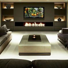 a living room with couches and a flat screen tv on the wall in front of a fireplace