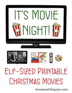 an advertisement for the movie it's movie night, with christmas movies on the screen