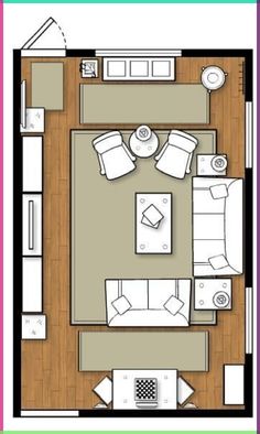 a drawing of a living room and kitchen area in a small apartment with wood flooring