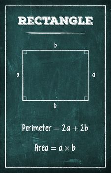 a blackboard with a rectangle diagram on it and the words perimeter area below