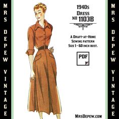 a vintage sewing pattern for a women's dress with sleeves and waist, from the 1940s