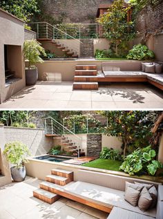 two pictures of an outdoor living area with stairs