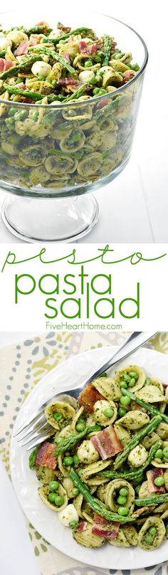 pasta salad with peas and bacon in a glass dish on a white plate next to a serving platter