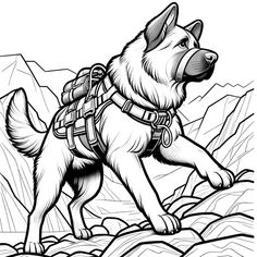 a drawing of a dog in the mountains with his leash on it's back