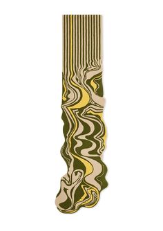 a skateboard with an abstract design on the bottom and yellow, black, and white stripes