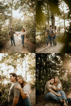 a couple holding hands while standing in the woods with their arms wrapped around each other