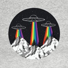 an alien landscape with mountains and rainbows in the sky is featured on a grey t - shirt