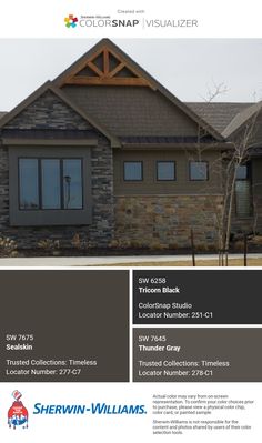 an advertisement for a new home with stone and wood accents, including the front porch