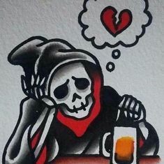 a drawing of a skeleton holding a beer with thought bubbles above it and an image of a skull in the background