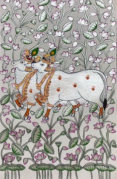 an intricately decorated glass painting depicting two cows in the middle of flowers and leaves