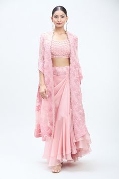 Pink organza butterfly cape with tonal moti, thread work floral embroidery. Comes with matching dupion 3D flower placement embroidered blouse and matching silk draped ruffle skirt. - Aza Fashions Elegant Saree Set For Spring, Spring Ruffled Sets For Receptions, Spring Reception Ruffled Sets, Spring Reception Sets With Ruffles, Elegant Spring Designer Lehenga, Spring Organza Set With Traditional Drape, Pink Georgette Lehenga For Spring, Spring Pink Georgette Lehenga, Organza Butterfly