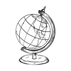 a black and white drawing of a globe on a stand with the earth in it