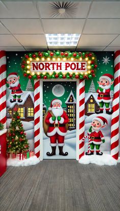 the north pole is decorated for christmas with candy canes