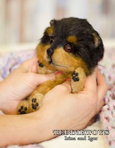 a person holding a small stuffed dog in their hands with it's paw out