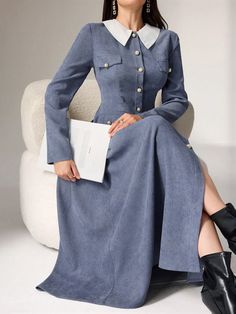 Women Casual V-Neck Button Front Waist Cinched Long Dress, Autumn Baby Blue Elegant  Long Sleeve Woven Fabric Colorblock A Line Non-Stretch  Women Clothing, size features are:Bust: ,Length: ,Sleeve Length: Grey Blue Dress, Stand Collar Dress, Dress Autumn, Elegant Dresses Long, Long Shirt Dress, Women Maxi, Women Long Dresses, Long Sleeve Midi, Long Sleeve Midi Dress