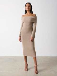 Product Detail Midaxi length Rib Knit Off shoulder Bardot with rolled finish Long sleeves Slim fit Composition 68% Acrylic 29% Polyester 3% Elastane Bardot Dress Outfit, Ribbed Dress Outfit, Pretty Lavish, Boucle Coat, Bardot Dress, Ribbed Dresses, Maxi Knit Dress, Soft Knits, Day Dresses