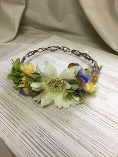 The Katy Crown it is a beautiful spring like crown featuring a cream colored Gerber Daisy in the center, surrounded by lime green hydrangea with lime, yellow,  Cream and periwinkle accents. Once again photos do not do this crown justice! Would be beautiful for Easter or on flower girls for a  wedding!!   Can be made in adult Full circle crown, or Children's Tieback with ivory ribbon. 🌸I have a limited number of each Crown already in inventory, So if you need more of a certain crown,  please message me and I will work with you, to get more made for you in a timely manner!🌸 Full Circle Crown, Wedding Floral Crown, Crown Photography, Bridal Floral Crown, Floral Crown Wedding, Gerber Daisy, Lime Yellow, Gerber Daisies, Green Hydrangea