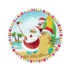 a paper plate with santa claus and his friend on the beach