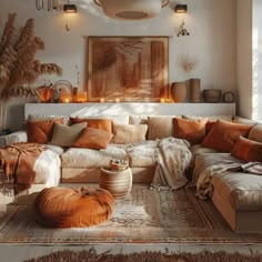 a living room filled with furniture and lots of pillows on top of the couches