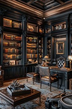 the library is full of books and leather furniture, including an old fashioned desk with two chairs