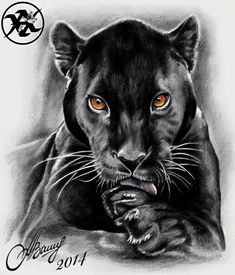 a drawing of a black panther with orange eyes