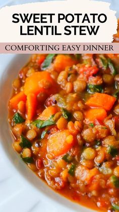 sweet potato lentil stew with carrots and spinach in a white bowl