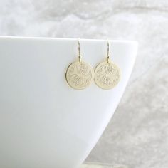 Gold Circle Earrings Engraved Gold Disc Earrings Mandala Earrings Gold Flower Earrings Gold Dangle E Gold Etched Round Disc Jewelry, Gold Engraved Dangle Earrings, Gold Engraved Drop Earrings, Engraved Gold Drop Earrings, Gold Flower Earrings With Intricate Design For Gift, Gold Flower Earrings With Intricate Design As Gift, Elegant Etched Round Earrings, Engraved Medallion Earrings For Gift, Brass Round Flower Earrings