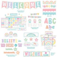 an assortment of stickers and decals for children's birthdays, including the words welcome