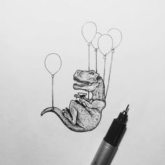 a drawing of a dinosaur holding balloons