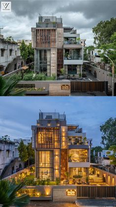 two different views of an apartment building at night and day, with lights on the windows