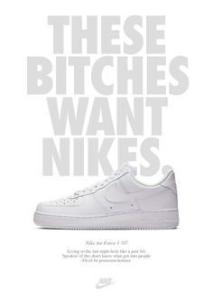 an advertisement for the nike air force 1 sneaker, with white lettering on it