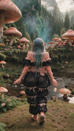 a woman with blue hair is walking in the grass near mushrooms and trees, wearing a black dress