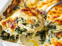 a close up of a casserole dish with chicken and spinach in it