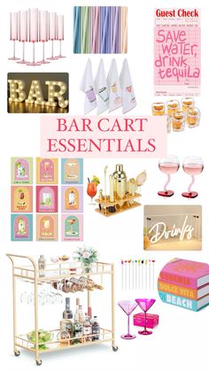 a collage of pink and gold items with the words bar cart essentials