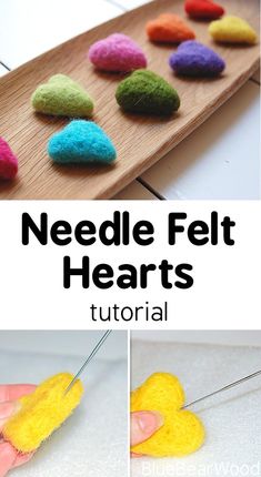 needle felt hearts on a wooden board with needles and yarn in the middle, along with pictures of how to sew them