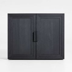 a black cabinet with two doors on the top and bottom, against a white background